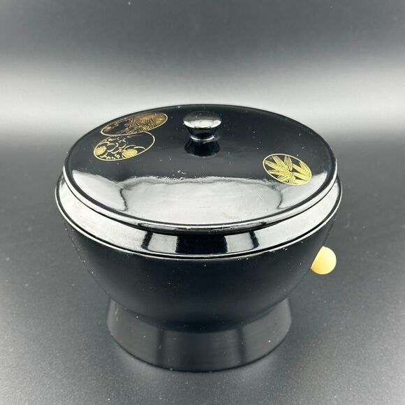 Vintage Asian Round Black Gold Lacquer Wooden Trinket Box 4.75" MCM - Picture 1 of 14